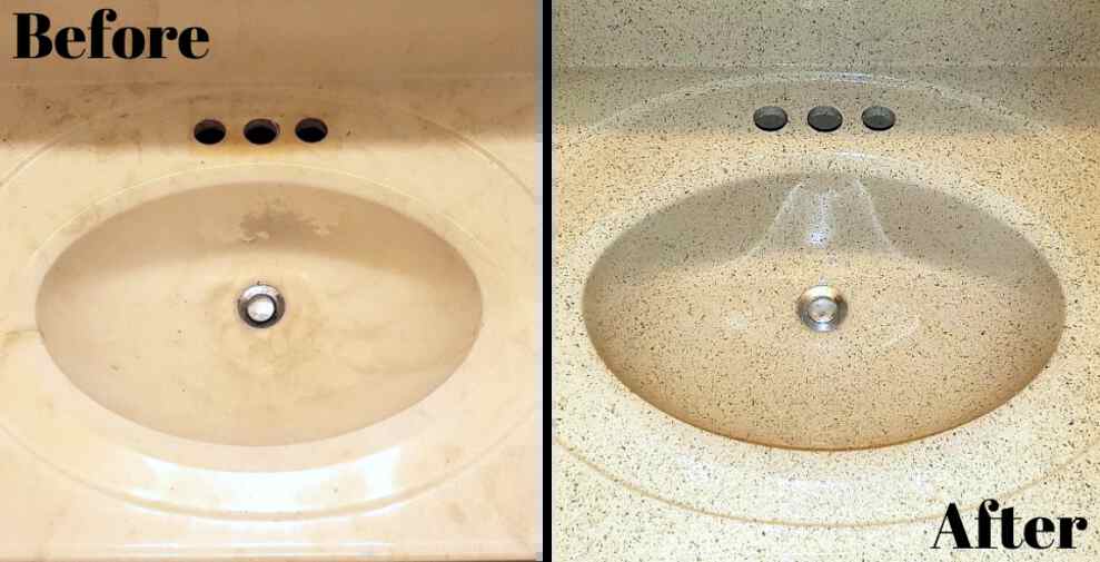 The image shows a before and after of a refinished bathroom sink countertop, the before shows a warm brown, cloudy countertop and the after shows a light brown speckled countertop.